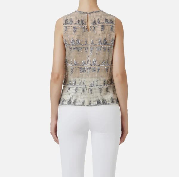 Elisabetta Franchi Top, T-Shirt & Body^Top in tulle ricamato con paillettes pixel Steel
