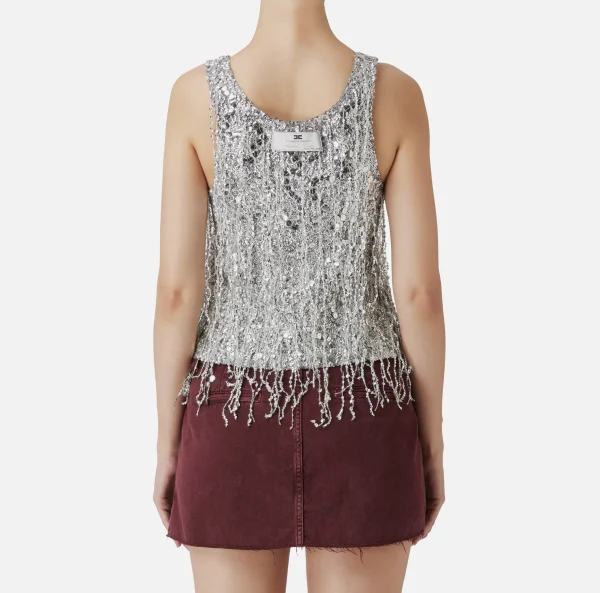 Elisabetta Franchi Top, T-Shirt & Body^Top in tulle ricamato con frange di paillettes Silver