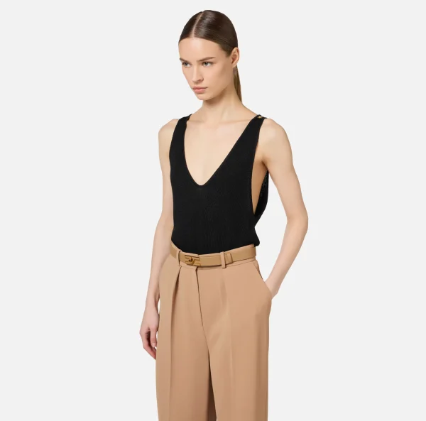 Elisabetta Franchi Top, T-Shirt & Body^Top in viscosa a costina plissé Nero