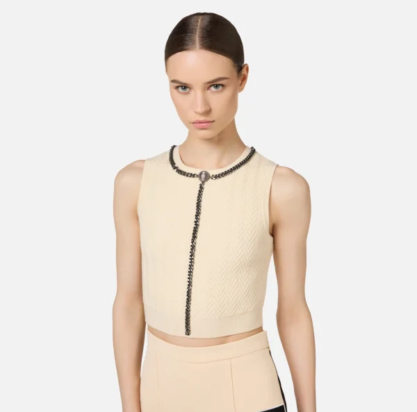 Elisabetta Franchi Top, T-Shirt & Body^Top in viscosa con catena Burro