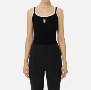Elisabetta Franchi Top, T-Shirt & Body^Top in viscosa con logo college Nero/Burro