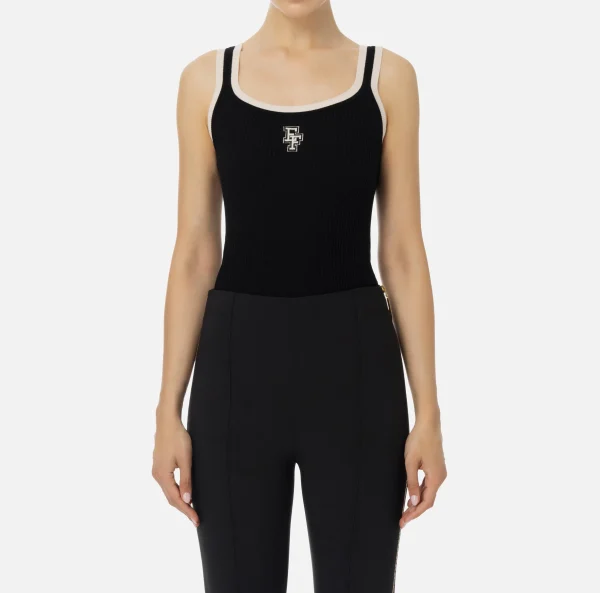 Elisabetta Franchi Top, T-Shirt & Body^Top in viscosa con logo college Nero/Burro