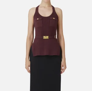 Elisabetta Franchi Top, T-Shirt & Body^Top in viscosa e seta a costine con ricamo logo RougeNoir