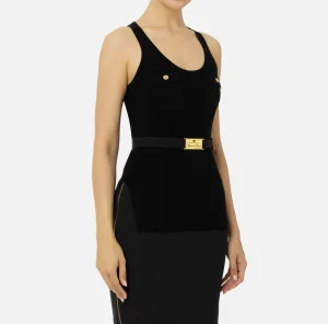 Elisabetta Franchi Top, T-Shirt & Body^Top in viscosa e seta a costine con ricamo logo Nero