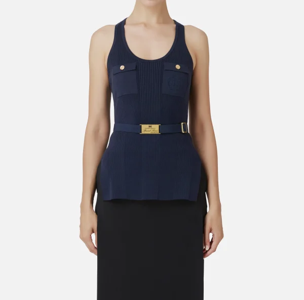Elisabetta Franchi Top, T-Shirt & Body^Top in viscosa e seta a costine con ricamo logo Navy