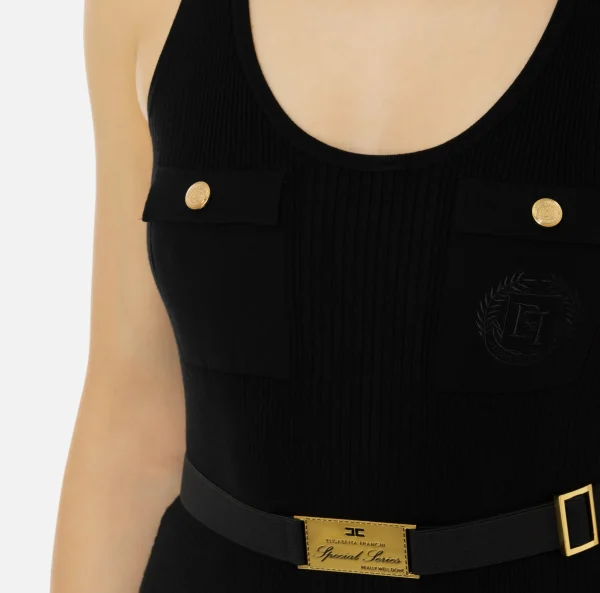 Elisabetta Franchi Top, T-Shirt & Body^Top in viscosa e seta a costine con ricamo logo Nero