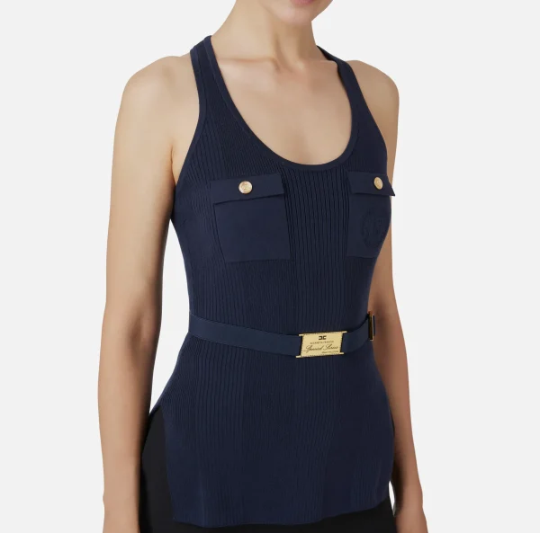 Elisabetta Franchi Top, T-Shirt & Body^Top in viscosa e seta a costine con ricamo logo Navy