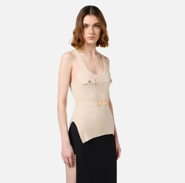 Elisabetta Franchi Top, T-Shirt & Body^Top in viscosa e seta a costine con ricamo logo Lattice