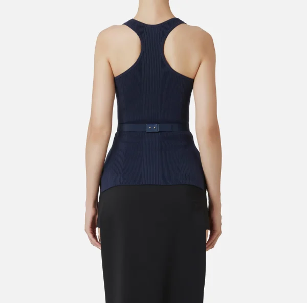 Elisabetta Franchi Top, T-Shirt & Body^Top in viscosa e seta a costine con ricamo logo Navy