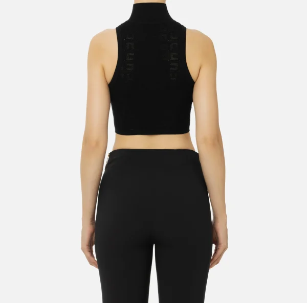 Elisabetta Franchi Top, T-Shirt & Body^Top in viscosa logo punto rete Nero