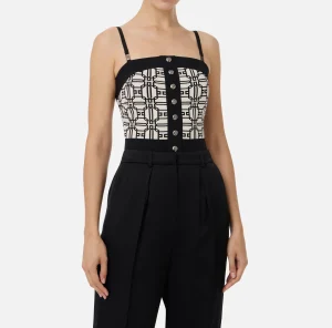 Elisabetta Franchi Top, T-Shirt & Body^Top logo in misto viscosa jacquard Burro/Nero