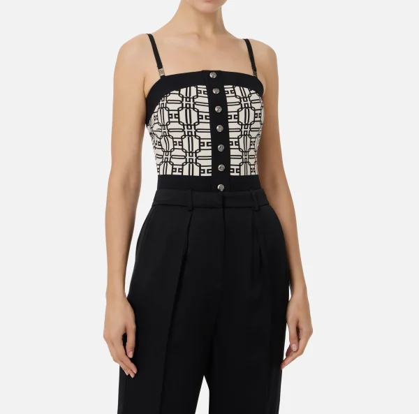 Elisabetta Franchi Top, T-Shirt & Body^Top logo in misto viscosa jacquard Burro/Nero