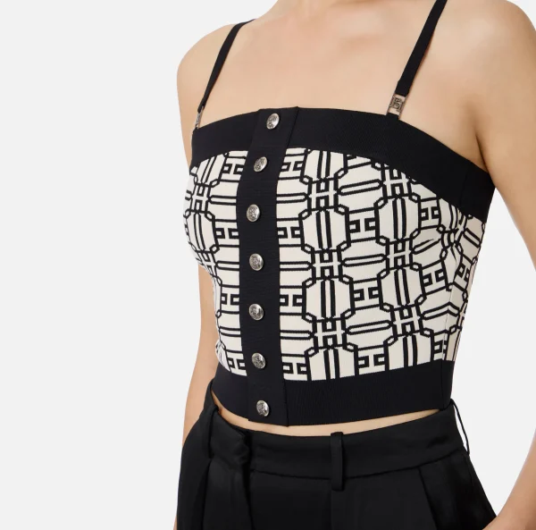 Elisabetta Franchi Top, T-Shirt & Body^Top logo in misto viscosa jacquard Burro/Nero