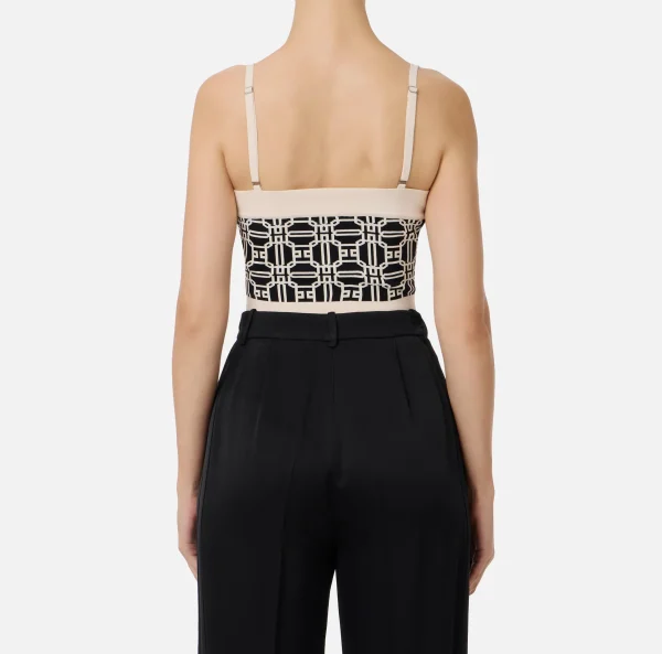 Elisabetta Franchi Top, T-Shirt & Body^Top logo in misto viscosa jacquard Nero/Burro