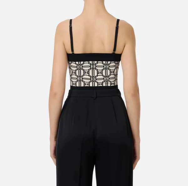 Elisabetta Franchi Top, T-Shirt & Body^Top logo in misto viscosa jacquard Burro/Nero