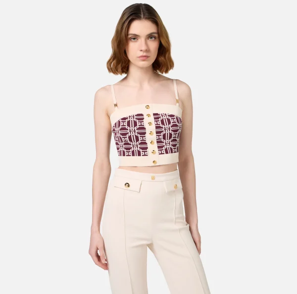 Elisabetta Franchi Top, T-Shirt & Body^Top logo in misto viscosa jacquard RougeNoir/Burro