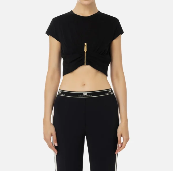 Elisabetta Franchi Top, T-Shirt & Body^T-shirt cropped in jersey con zip Nero