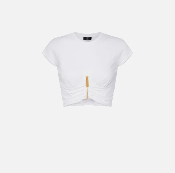 Elisabetta Franchi Top, T-Shirt & Body^T-shirt cropped in jersey con zip Gesso