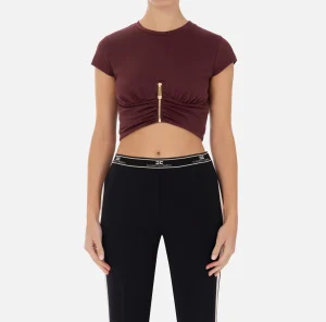 Elisabetta Franchi Top, T-Shirt & Body^T-shirt cropped in jersey con zip RougeNoir