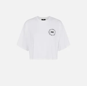 Elisabetta Franchi Top, T-Shirt & Body^T-shirt cropped in jersey con logo Gesso