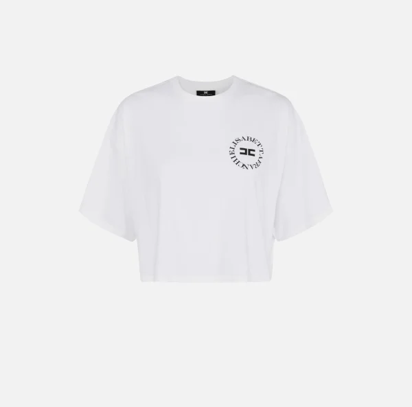 Elisabetta Franchi Top, T-Shirt & Body^T-shirt cropped in jersey con logo Gesso