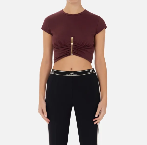 Elisabetta Franchi Top, T-Shirt & Body^T-shirt cropped in jersey con zip RougeNoir
