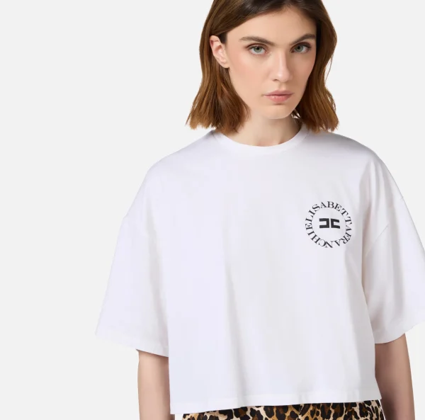 Elisabetta Franchi Top, T-Shirt & Body^T-shirt cropped in jersey con logo Gesso