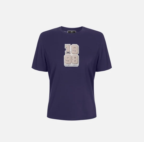 Elisabetta Franchi Top, T-Shirt & Body^T-shirt in cotone con patch logo stile college Navy