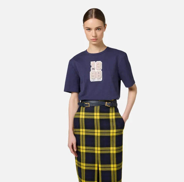 Elisabetta Franchi Top, T-Shirt & Body^T-shirt in cotone con patch logo stile college Navy