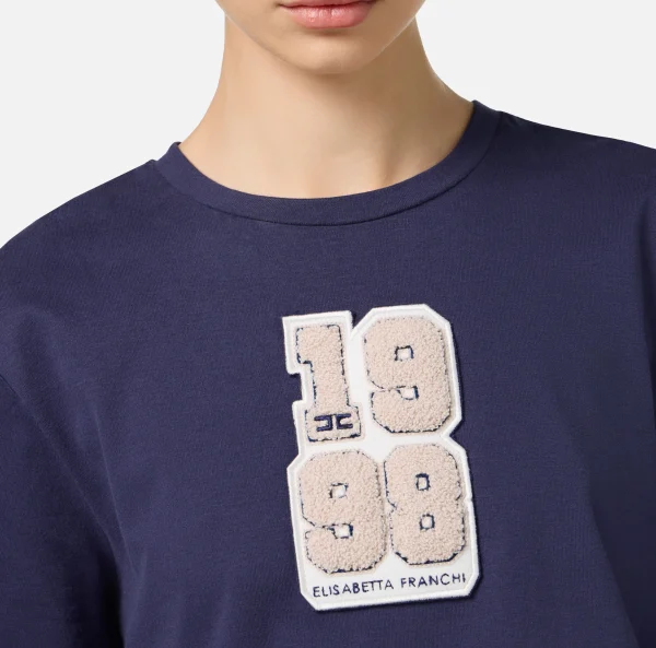 Elisabetta Franchi Top, T-Shirt & Body^T-shirt in cotone con patch logo stile college Navy