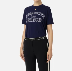 Elisabetta Franchi Top, T-Shirt & Body^T-shirt in jersey con logo college Navy