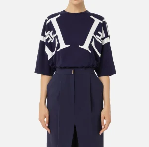 Elisabetta Franchi Top, T-Shirt & Body^T-shirt in jersey con maxi logo sulle maniche Navy