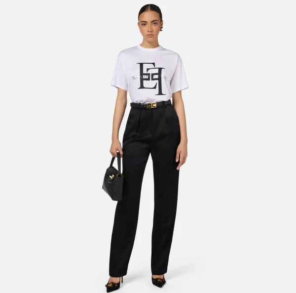 Elisabetta Franchi Top, T-Shirt & Body^T-shirt in jersey con maxi logo Gesso/Nero