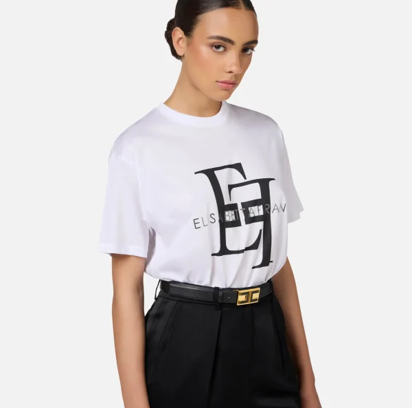 Elisabetta Franchi Top, T-Shirt & Body^T-shirt in jersey con maxi logo Gesso/Nero