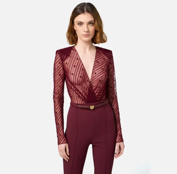 Elisabetta Franchi Tute^Tuta combinata in tulle flock disegno diagonale RougeNoir