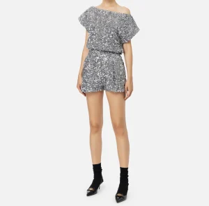 Elisabetta Franchi Tute^Tuta corta in ciniglia ricamata con paillettes Steel