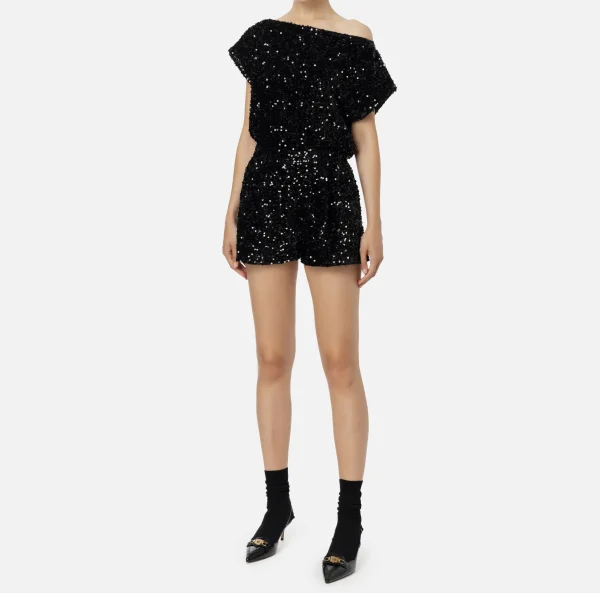 Elisabetta Franchi Tute^Tuta corta in ciniglia ricamata con paillettes Nero