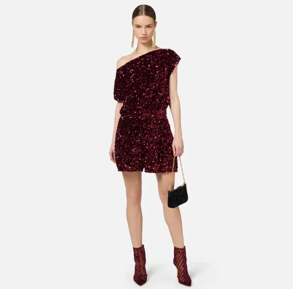 Elisabetta Franchi Tute^Tuta corta in ciniglia ricamata con paillettes RougeNoir
