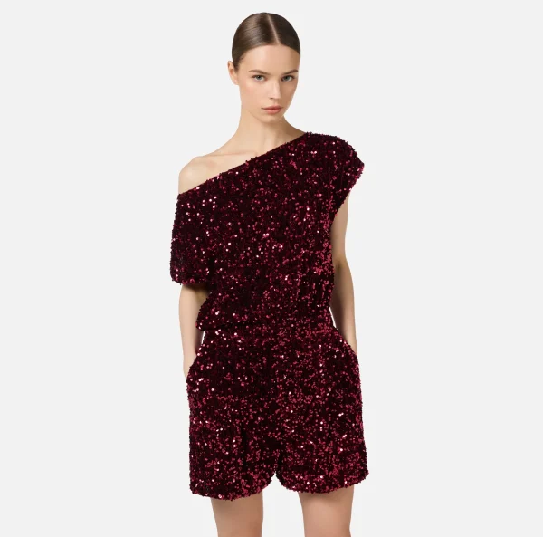 Elisabetta Franchi Tute^Tuta corta in ciniglia ricamata con paillettes RougeNoir