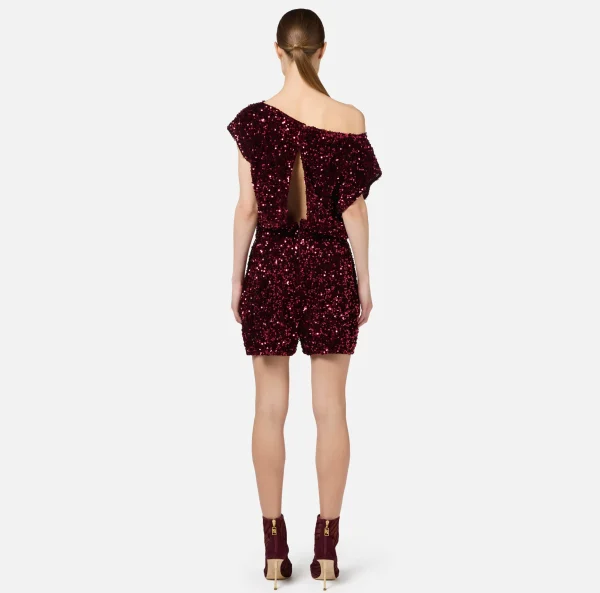 Elisabetta Franchi Tute^Tuta corta in ciniglia ricamata con paillettes RougeNoir