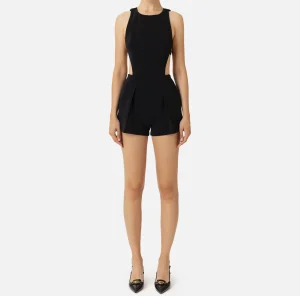 Elisabetta Franchi Tute^Tuta corta in fresco di lana con elastico logato Nero