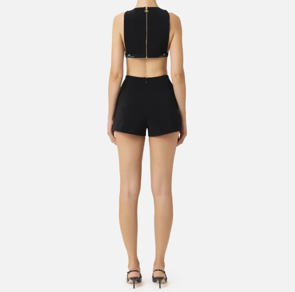 Elisabetta Franchi Tute^Tuta corta in fresco di lana con elastico logato Nero