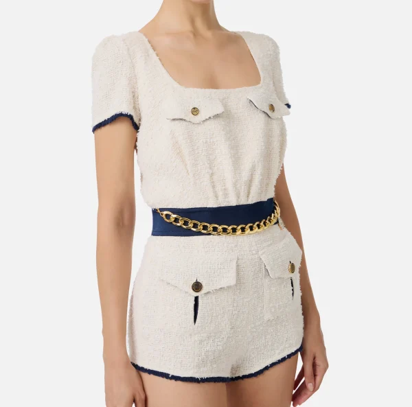 Elisabetta Franchi Tute^Tuta corta in tweed con tasche Burro/Navy