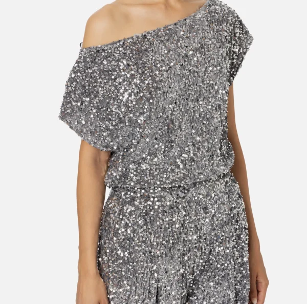 Elisabetta Franchi Tute^Tuta in ciniglia ricamata con pailettes Steel