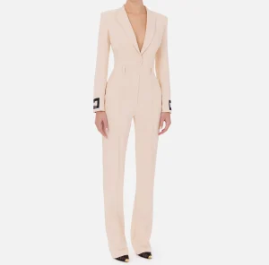 Elisabetta Franchi Tute^Tuta in crêpe con bande e ricamo logo Crema/Nero