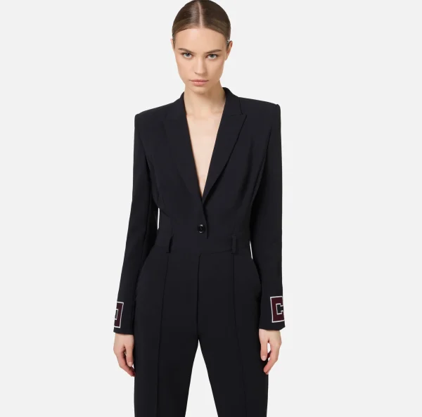 Elisabetta Franchi Tute^Tuta in crêpe con bande e ricamo logo Nero/Burro