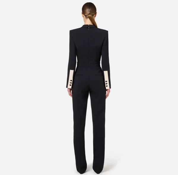 Elisabetta Franchi Tute^Tuta in crêpe con bande e ricamo logo Nero/Burro