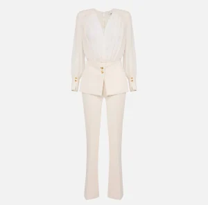 Elisabetta Franchi Tute^Tuta in crêpe con blusa in georgette e baschina Burro