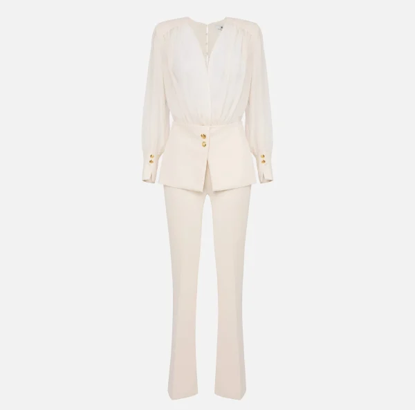 Elisabetta Franchi Tute^Tuta in crêpe con blusa in georgette e baschina Burro