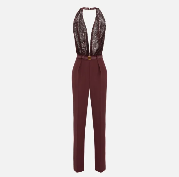Elisabetta Franchi Tute^Tuta in crêpe e tulle ricamato con paillettes RougeNoir